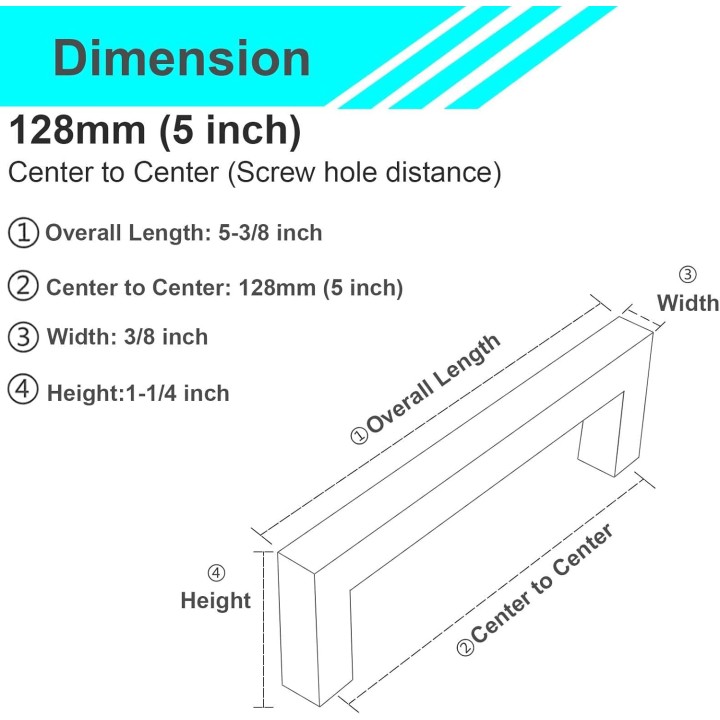 50 Pack 5 inch (128mm) Hole Center Length Euro Square Cabinet Handles Matte Black Cabinet Drawer Pulls 304 Stainless Steel Kitchen Cabinet Drawer Dresser Hardware