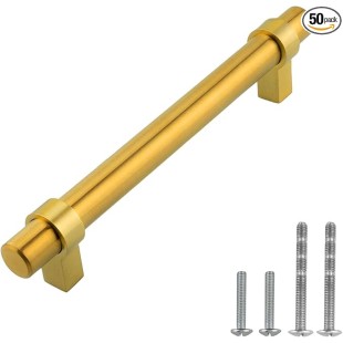 50 Packs Brushed Gold Euro Bar Cabinet Handle 304 Stainless Steel — 6-5/8" Overall Length, 5" (128mm) Hole Centers, Brushed Satin Brass Gold