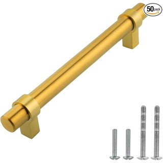 50 Packs Brushed Gold Euro Bar Cabinet Handle 304 Stainless Steel — 6-5/8" Overall Length, 5" (128mm) Hole Centers, Brushed Satin Brass Gold