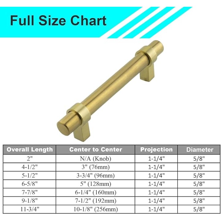 50 Packs Brushed Gold Euro Bar Cabinet Handle 304 Stainless Steel — 6-5/8" Overall Length, 5" (128mm) Hole Centers, Brushed Satin Brass Gold
