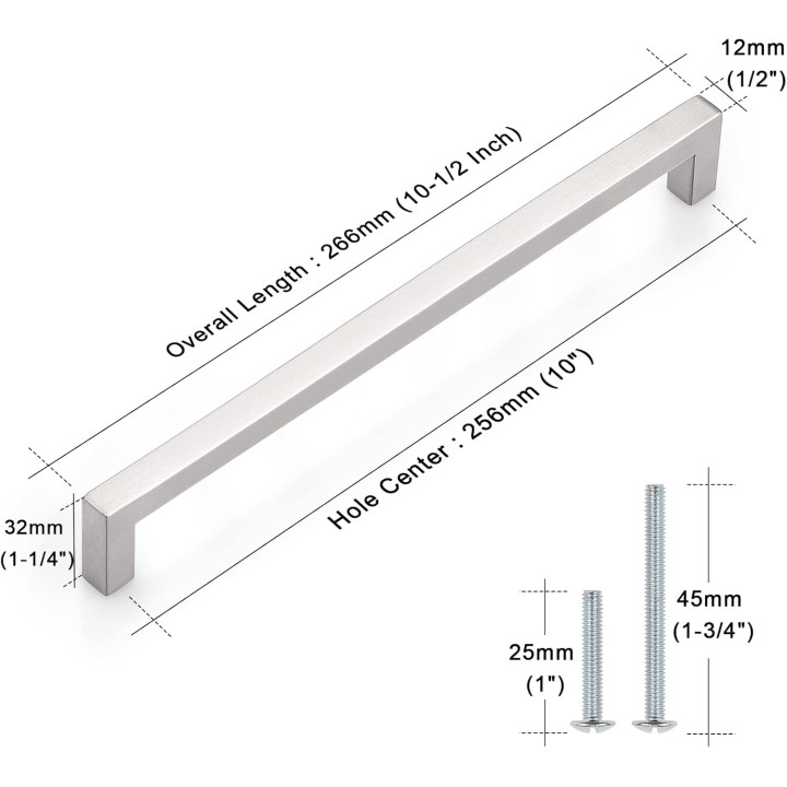50 Pack Kitchen Cabinet Handles 10" (256mm) Holes Centers Stainless Steel Square Drawer Pulls Brushed Nickel 10-1/2" Overall Length