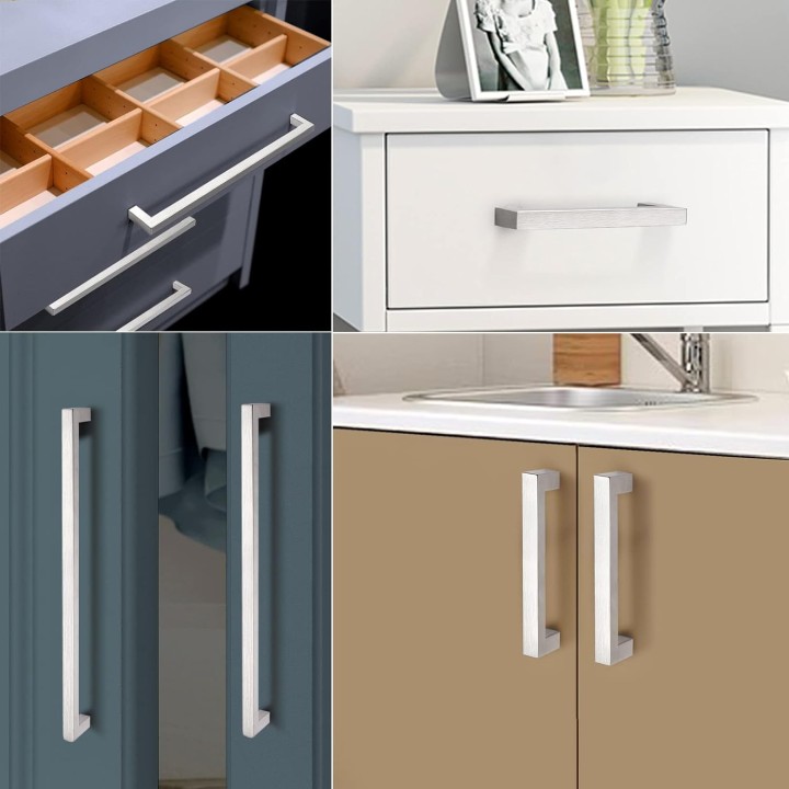50 Pack Kitchen Cabinet Handles 10" (256mm) Holes Centers Stainless Steel Square Drawer Pulls Brushed Nickel 10-1/2" Overall Length