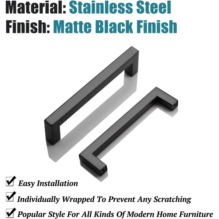 50 Pack 5" Matte Black Kitchen Cabinet Handles, 5 Inch (128mm) Hole Distance Closet Handles, 5-2/5 inch (138mm) Overall Length Stainless Steel Black Pulls for Cabinets