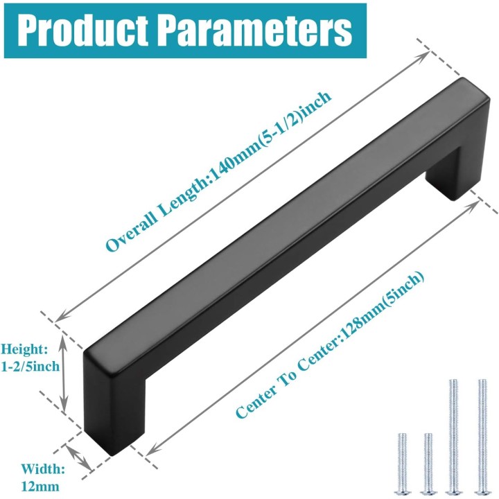 50 Pack 5" Matte Black Kitchen Cabinet Handles, 5 Inch (128mm) Hole Distance Closet Handles, 5-2/5 inch (138mm) Overall Length Stainless Steel Black Pulls for Cabinets