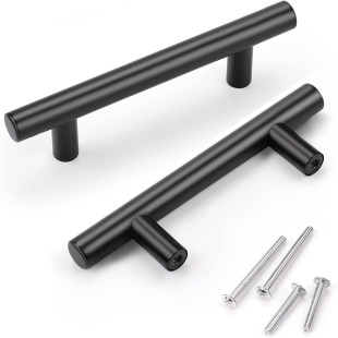 100 Pack Kitchen Cabinet Handles Black, Euro Style 3 Inch (76mm) Hole Distance 5 inch (128mm) Overall Length Cabinet Pulls Black Matte, Stainless Steel Drawer Pulls for Closet Cupboard