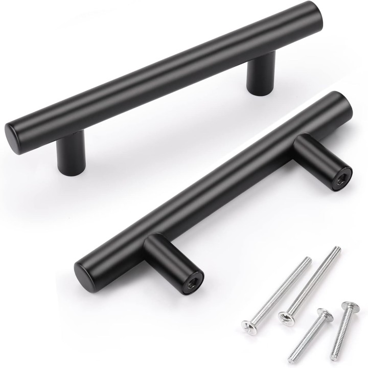 100 Pack Kitchen Cabinet Handles Black, Euro Style 3 Inch (76mm) Hole Distance 5 inch (128mm) Overall Length Cabinet Pulls Black Matte, Stainless Steel Drawer Pulls for Closet Cupboard