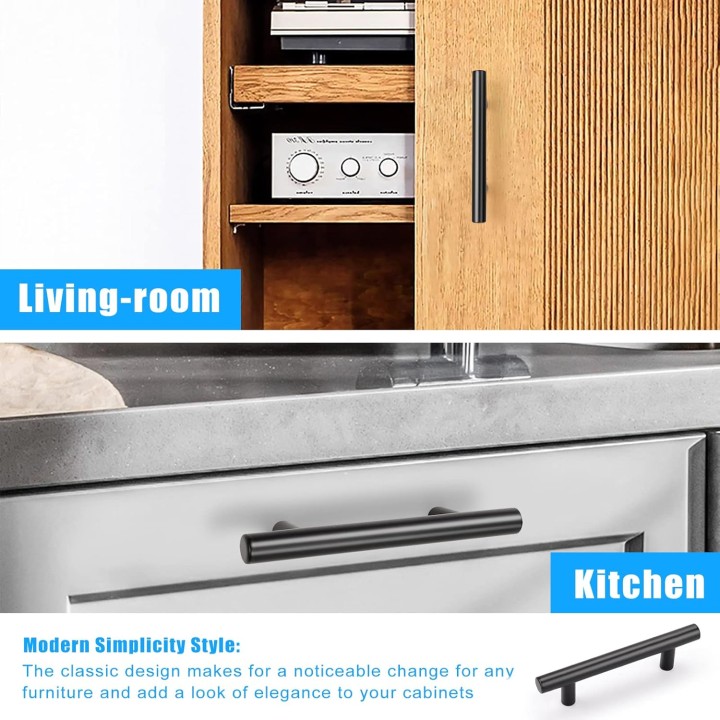 100 Pack Kitchen Cabinet Handles Black, Euro Style 3 Inch (76mm) Hole Distance 5 inch (128mm) Overall Length Cabinet Pulls Black Matte, Stainless Steel Drawer Pulls for Closet Cupboard