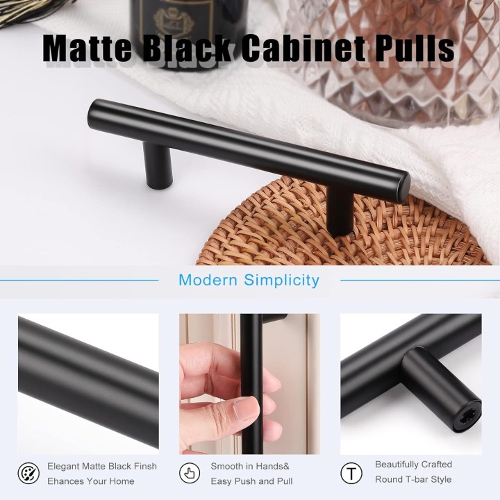 100 Pack Kitchen Cabinet Handles Black, Euro Style 3 Inch (76mm) Hole Distance 5 inch (128mm) Overall Length Cabinet Pulls Black Matte, Stainless Steel Drawer Pulls for Closet Cupboard