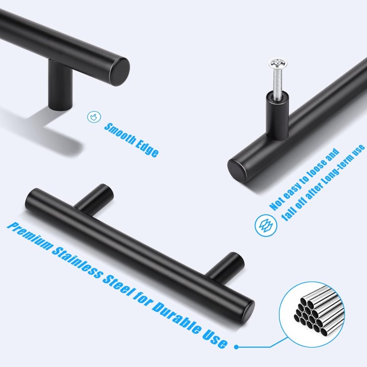 100 Pack Kitchen Cabinet Handles Black, Euro Style 3 Inch (76mm) Hole Distance 5 inch (128mm) Overall Length Cabinet Pulls Black Matte, Stainless Steel Drawer Pulls for Closet Cupboard