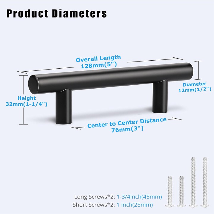 100 Pack Kitchen Cabinet Handles Black, Euro Style 3 Inch (76mm) Hole Distance 5 inch (128mm) Overall Length Cabinet Pulls Black Matte, Stainless Steel Drawer Pulls for Closet Cupboard