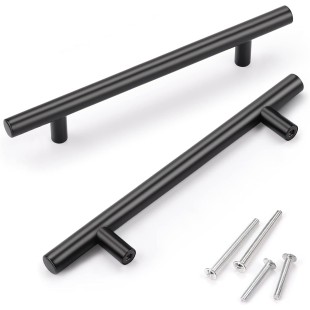 100 Pack Black Handles for Cabinets, Euro Style 5 Inch (128mm) Hole Distance 7-9/16 inch (192mm) Overall Length Matte Black Drawer Pulls, Stainless Steel Cabinet Pulls for Closet Cupboard