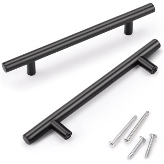 100 Pack Black Handles for Cabinets, Euro Style 5 Inch (128mm) Hole Distance 7-9/16 inch (192mm) Overall Length Matte Black Drawer Pulls, Stainless Steel Cabinet Pulls for Closet Cupboard