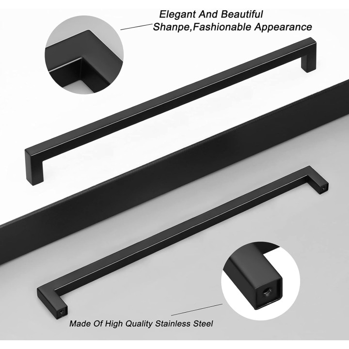 50 Pack Holes Spacing 12.8Inch(320mm) Kitchen Cabinet Handles,Matte Black Stainless Steel Kichen Cabinet Pulls,Square Corner Bar Black Dresser Drawer Pull Handles