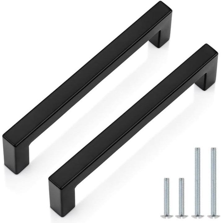 50 Pack| Black Cabinet Handles 5 Inch(128mm) Hole Centers Drawer Pulls Stainless Steel Kitchen Cabinet Handles Matte Black Square Drawer Handles Modern Cabinet Hardware