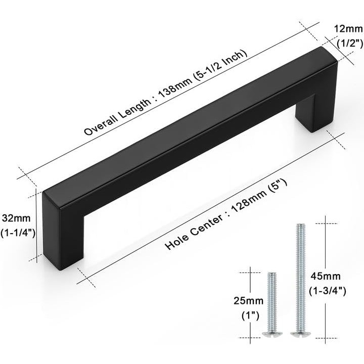 50 Pack| Black Cabinet Handles 5 Inch(128mm) Hole Centers Drawer Pulls Stainless Steel Kitchen Cabinet Handles Matte Black Square Drawer Handles Modern Cabinet Hardware