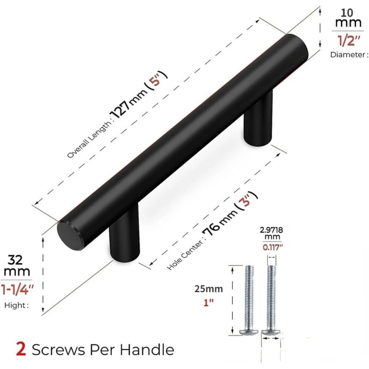 50 Pack 5 Inch Matte Black Cabinet Pulls Stainless Steel Kitchen Cabinet Handles Fit for Drawers Drawer 3 Inch Hole Center Suit (Color : Black 76mm, Size : 50 PCS)