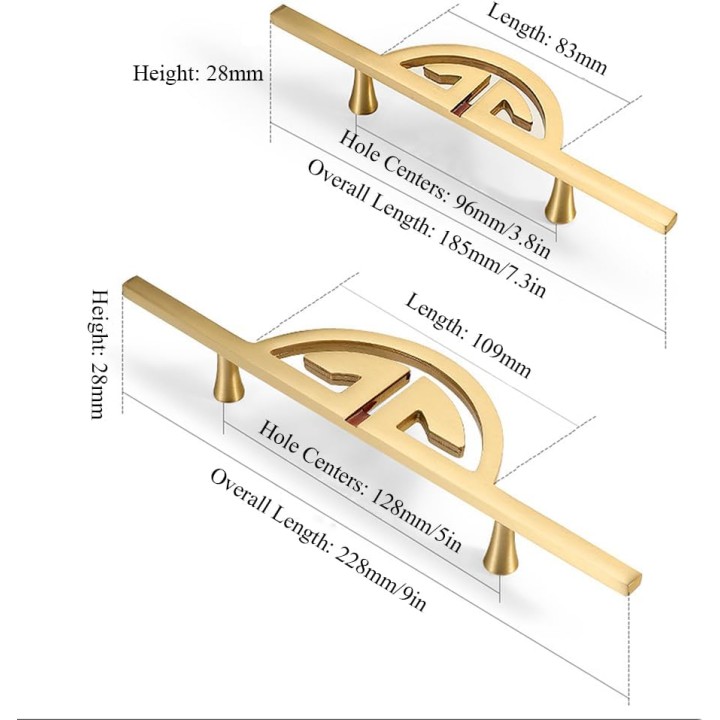 Gold Cabinet Handles Vintage, 2 PCS Cupboard Handles Solid Brass | Anodized Surface, 128mm Wardrobe Door Handles with Screws-228mm/9in (Gold Hole spacing: 128mm/5in)