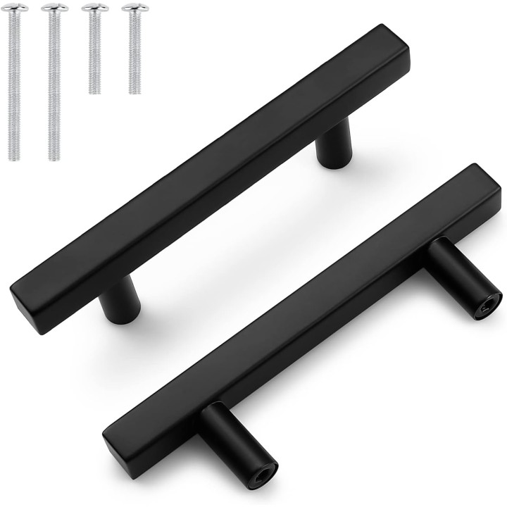 100 Pack Square Matte Black Kitchen Cabinet Handles, 3inch(76mm) Holes Spacing Dresser Drawer Pull Handles, Stainless Steel Kitchen Cabinet Pulls