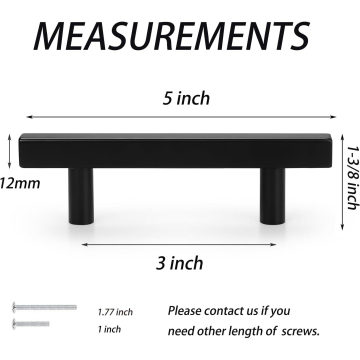 100 Pack Square Matte Black Kitchen Cabinet Handles, 3inch(76mm) Holes Spacing Dresser Drawer Pull Handles, Stainless Steel Kitchen Cabinet Pulls