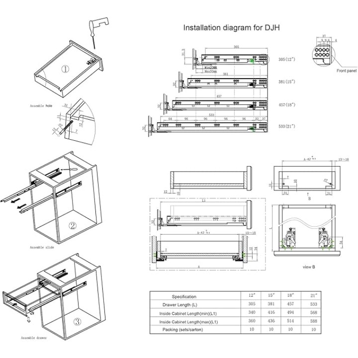 10 Pairs of 21 Inch Soft Close Undermount Drawer Slides Full Extension Concealed Drawer Rails with Mounting Screws,3D Locking Device and Brackets