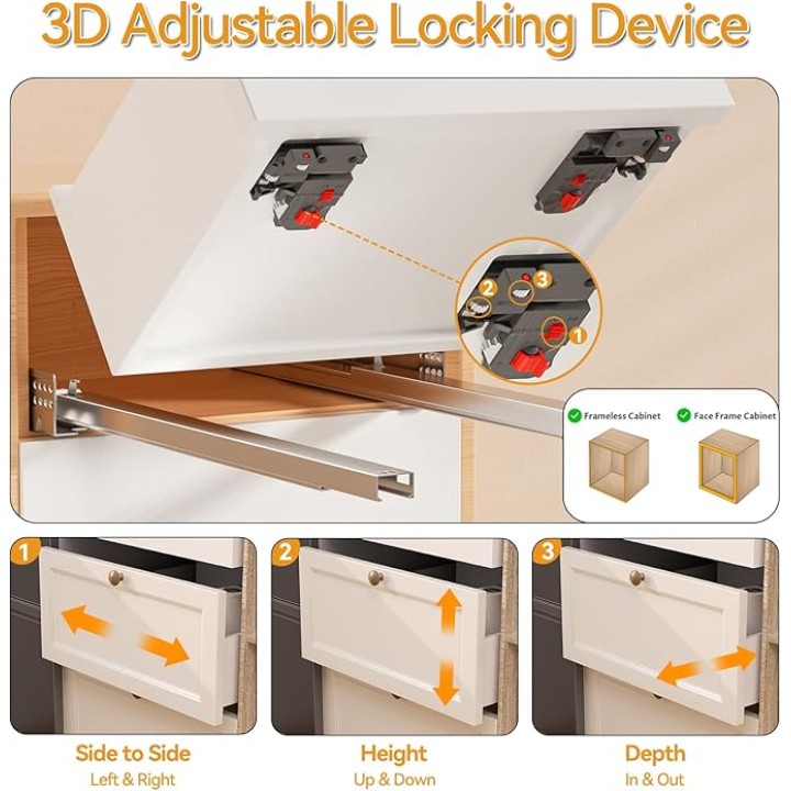 12 15 18 21 Inch Undermount Soft Close Drawer Slides, Full Extension 3D Locking Device, Rear Mount Brackets, Concealed Bottom Mount Rails for face Frame Cabinet, 100 LB（18 inch, 6 Pair）