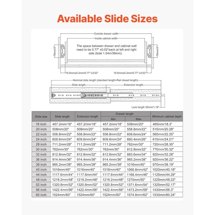 Heavy Duty Drawer Slides, 1 Pair 60inch Locking Drawer Slides, 500lbs Load Capacity, Side Mount Ball Bearing Drawer Glides, Full Extension Industrial Locking Rail